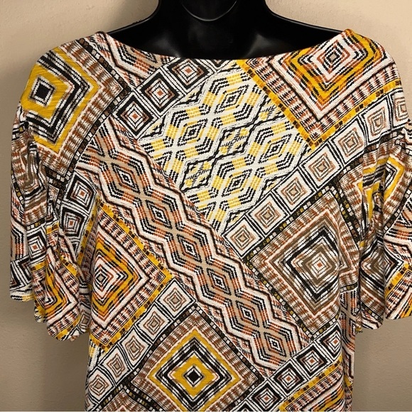 MEDIUM RUBY RD TRIBAL GEOMETRIC TOP SHORT SLEEVE ORANGE GOLDEN YELLOW BOHO - Picture 7 of 11